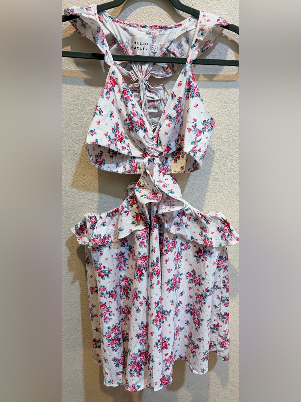Hello Molly Floral Ruffle Cutout Mini Dress White Pink US 6